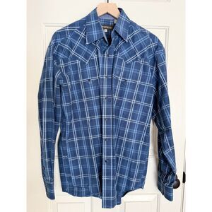 Stetson Mens M Blue Plaid Matte Navy Pearl Snap Long Sleeve Button Down Shirt